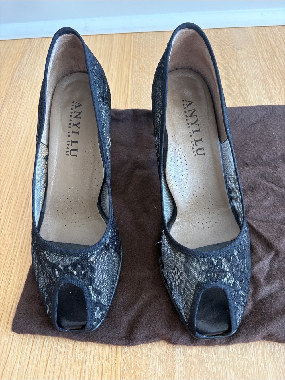 Anyi Lu Black Lace Open-Toe Pumps
